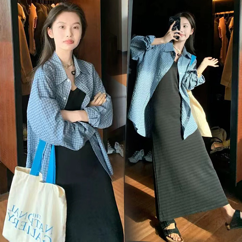 孕妇装时尚气质格子衬衫背心长裙