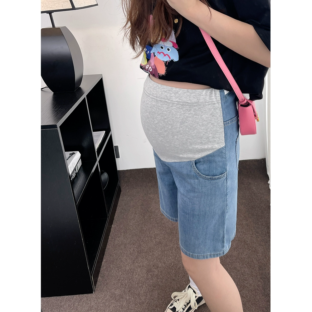 孕妇天丝牛仔短裤夏季薄款外穿浅蓝色宽松休闲五分阔腿热裤子夏天