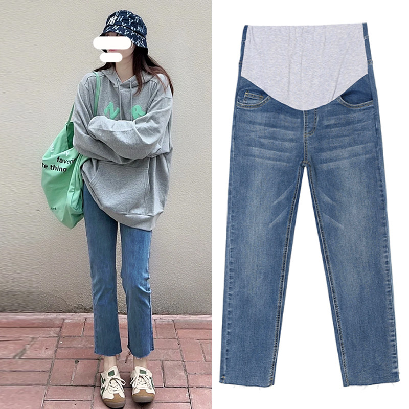 孕妇直筒牛仔裤子九分夏季薄款外穿春夏装显瘦毛边烟管打底裤夏款