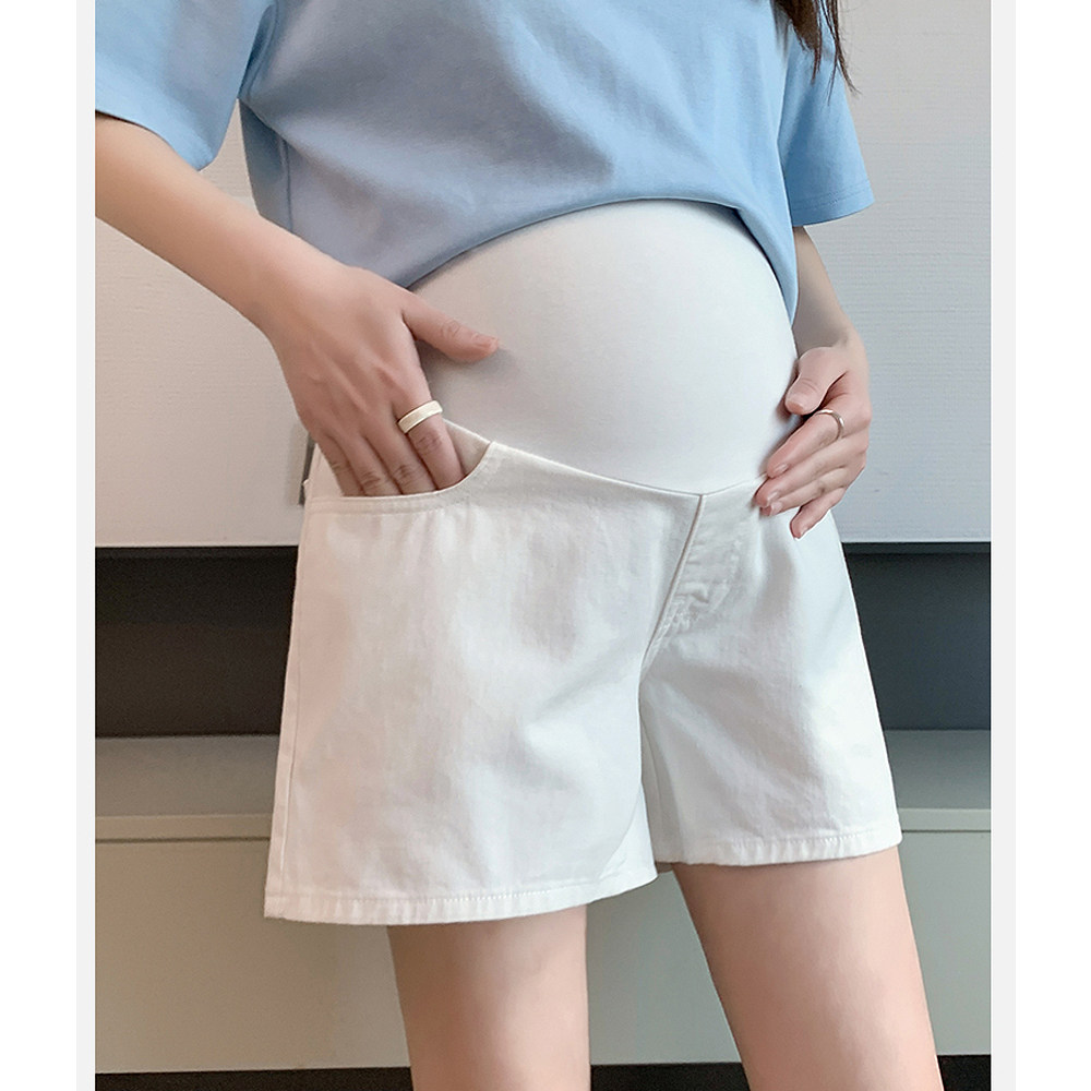 孕妇休闲工装短裤子夏季薄款外穿夏天纯色宽松显瘦托腹水洗棉热裤