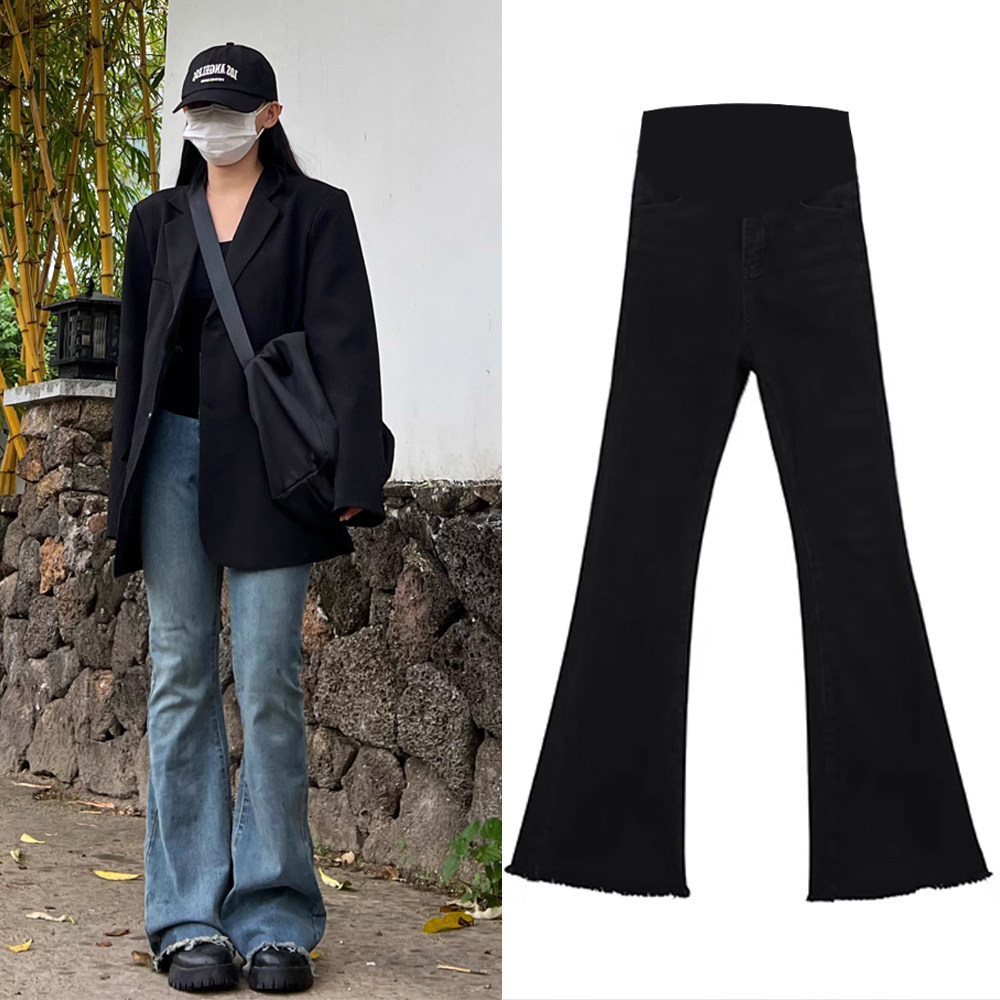 孕妇牛仔裤子秋冬季新款托腹长裤冬天外穿弹力显瘦毛边拖地喇叭裤