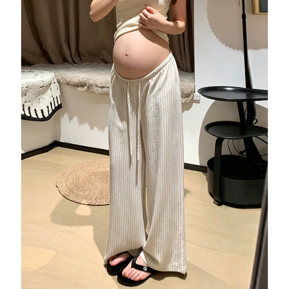棉麻孕妇条纹阔腿裤子不勒肚子夏季薄款外穿垂感显瘦休闲拖地长裤