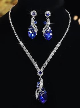 铜合金合成锆石项链 秋冬几何爱心时尚奢华晚宴风项链耳钉两件套