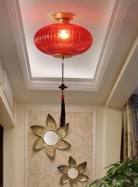 楼房阳台灯笼新中式全铜小吊灯简约轻奢走廊过道玄关红色玻璃灯具