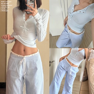 女木耳边拼接夏季 蓝色条纹阔腿裤 宽松显瘦拖地长裤 wildchild