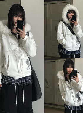 【atrandom~】y2k轻亚毛领卫衣外套女秋冬连帽开衫重磅设计感上衣