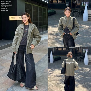 【fromwrting字由~】军绿色工装水洗外套女秋冬季vintage夹克上衣