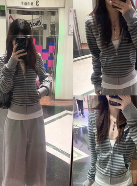 【SUNONEONE~】韩系早秋穿搭灰色条纹连帽卫衣休闲舒适百搭上衣女