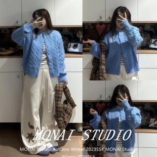 【原野空间~】蓝色麻花毛衣外套女温柔圆领针织开衫休闲百搭上衣