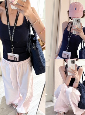 【sunoneone~】粉色抽绳阔腿休闲裤女秋季轻薄宽松显瘦山本长裤子