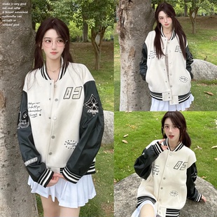 【FORNINES~】拼接撞色美式棒球服女秋季新款复古夹克休闲外套潮