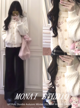 【cyni~】韩系甜美针织拼接外套女冬小个子短款夹棉加绒加厚毛衣