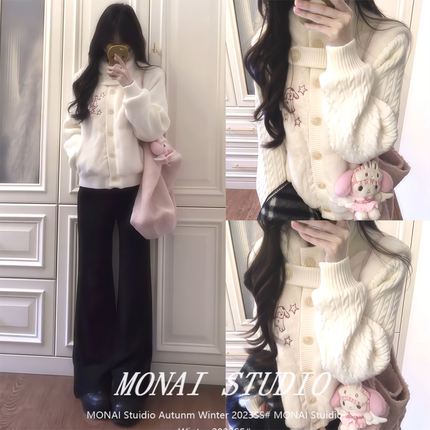 【cyni~】韩系甜美针织拼接外套女冬小个子短款夹棉加绒加厚毛衣