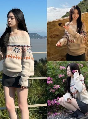 【MAXMENT~】费尔岛一字肩毛衣女秋冬雪花提花宽松针织衫露肩上衣