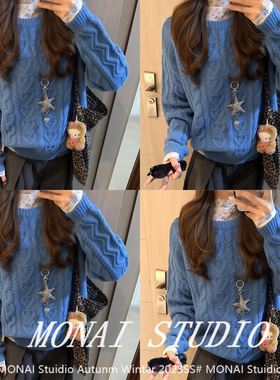 【宋正恩宋小恩~】港风chic蓝色套头圆领长袖毛衣碎花打底套装冬