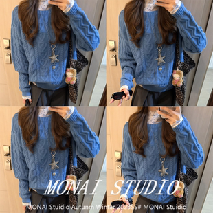 【宋正恩宋小恩~】港风chic蓝色套头圆领长袖毛衣碎花打底套装冬