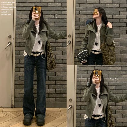 【solotario~】短款立领麂皮质感夹克女秋冬季收腰显瘦设计感外套