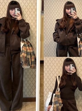 【SKK store~】棕色宽松卫衣外套上衣女百搭低腰休闲裤巴恩风套装