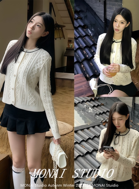 【PUFFFOREVER~】小香风蝴蝶结麻花针织开衫女设计感白色气质毛衣