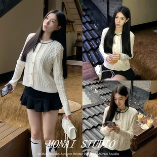 【PUFFFOREVER~】小香风蝴蝶结麻花针织开衫女设计感白色气质毛衣