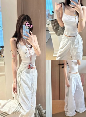 【SUNONEONE~】白色休闲工装裤女夏三条杠薄款登山运动阔腿长裤子