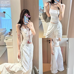 【SUNONEONE~】白色休闲工装裤女夏三条杠薄款登山运动阔腿长裤子