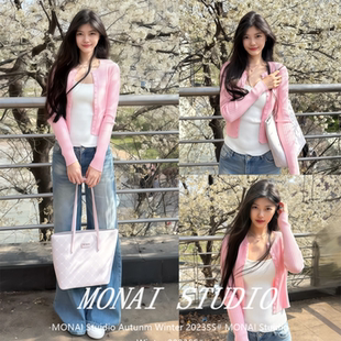 【e7q8~】粉色薄款防晒针织开衫女春季两件套修身短款外套上衣
