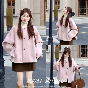 气质外套 粉色超好看毛呢大衣韩系温柔圆领短款 solo爆爆定制