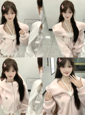 【QDQD~】巨好看的大翻领小香风甜美毛呢连帽夹棉外套女秋冬呢子