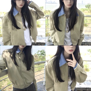 【Achock~】卡其miu系夹克格子拼接短外套休闲工装上衣女秋季新款