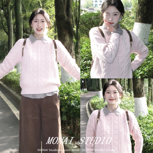 【宋正恩宋小恩~】粉色圆领套头宽松针织厚毛衣冬季新款慵懒上衣