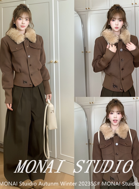 【WESTAYONE~】美式复古翻领毛呢外套女高级收腰显瘦百搭短款上衣