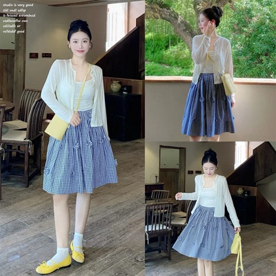 【iszizii~】蓝白格子中裙女秋