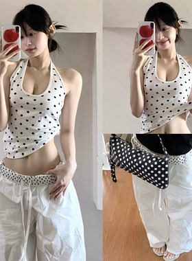 【TRUE by NATURE~】波点腰头拼接休闲阔腿裤白色休闲A字宽松长裤