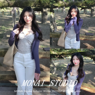 短款 韩系紫色针织开衫 上衣碎花吊带背心两件套 宋正恩宋小恩