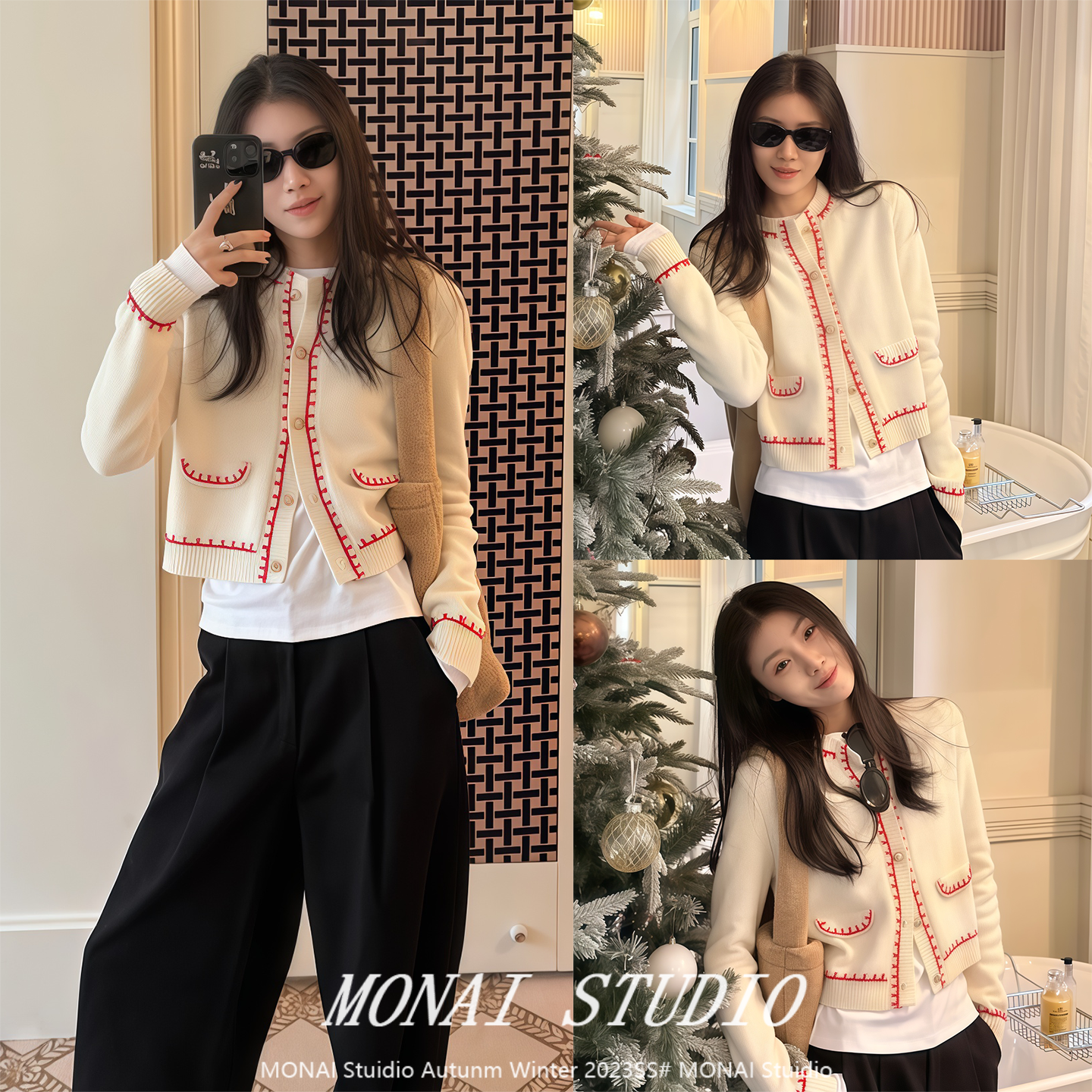 septwenty~文艺红边撞色开衫上衣