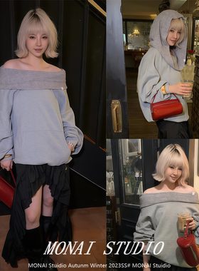 【SALTHe盐茶 ~】新款气质斜肩一字领宽松套头卫衣露肩上衣女