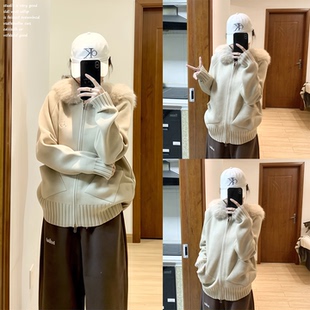 【insliisa~】软糯慵懒风毛领连帽毛衣温柔感针织秋冬可爱外套女