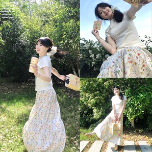 蛋糕裙高腰中长款 温柔风碎花半身裙女韩式 裙子 Three银河居民