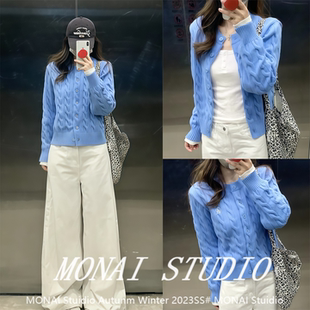 【原野空间~】蓝色麻花毛衣外套女温柔圆领针织开衫休闲百搭上衣