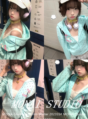 【jmj offical~】美式波点星星连帽长袖开衫卫衣宽松休闲百搭外套