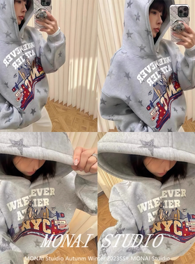 【whenever~】美式复古星星字母印花连帽卫衣女秋冬加绒加厚外套