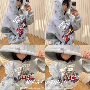 【whenever~】美式复古星星字母印花连帽卫衣女秋冬加绒加厚外套