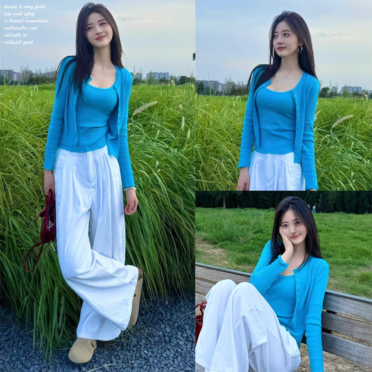 【宋正恩宋小恩~】蓝色薄款防晒针织开衫秋季两件套修身外套上衣