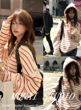 【圈圈cooky～】红白条纹针织衫女春季韩版宽松百搭斜肩长袖上衣