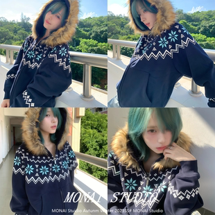【Achock~】美式复古费尔岛花纹毛领开衫连帽卫衣秋冬季百搭外套
