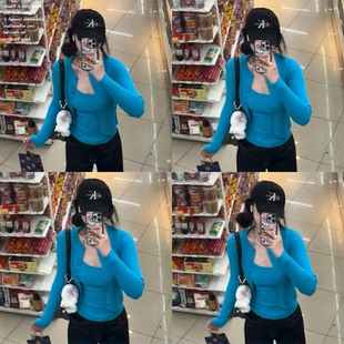 【e7q8~】孔雀蓝薄款防晒针织开衫女秋季两件套修身短款外套上衣