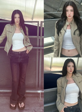 【SUNONEONE~】立领做旧美式复古短款显瘦外套女早秋新款正肩夹克