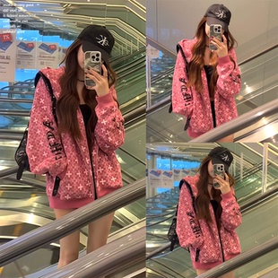 【Achock~】街头复古哥特字母印花外套秋季粉色百搭嘻哈连帽卫衣