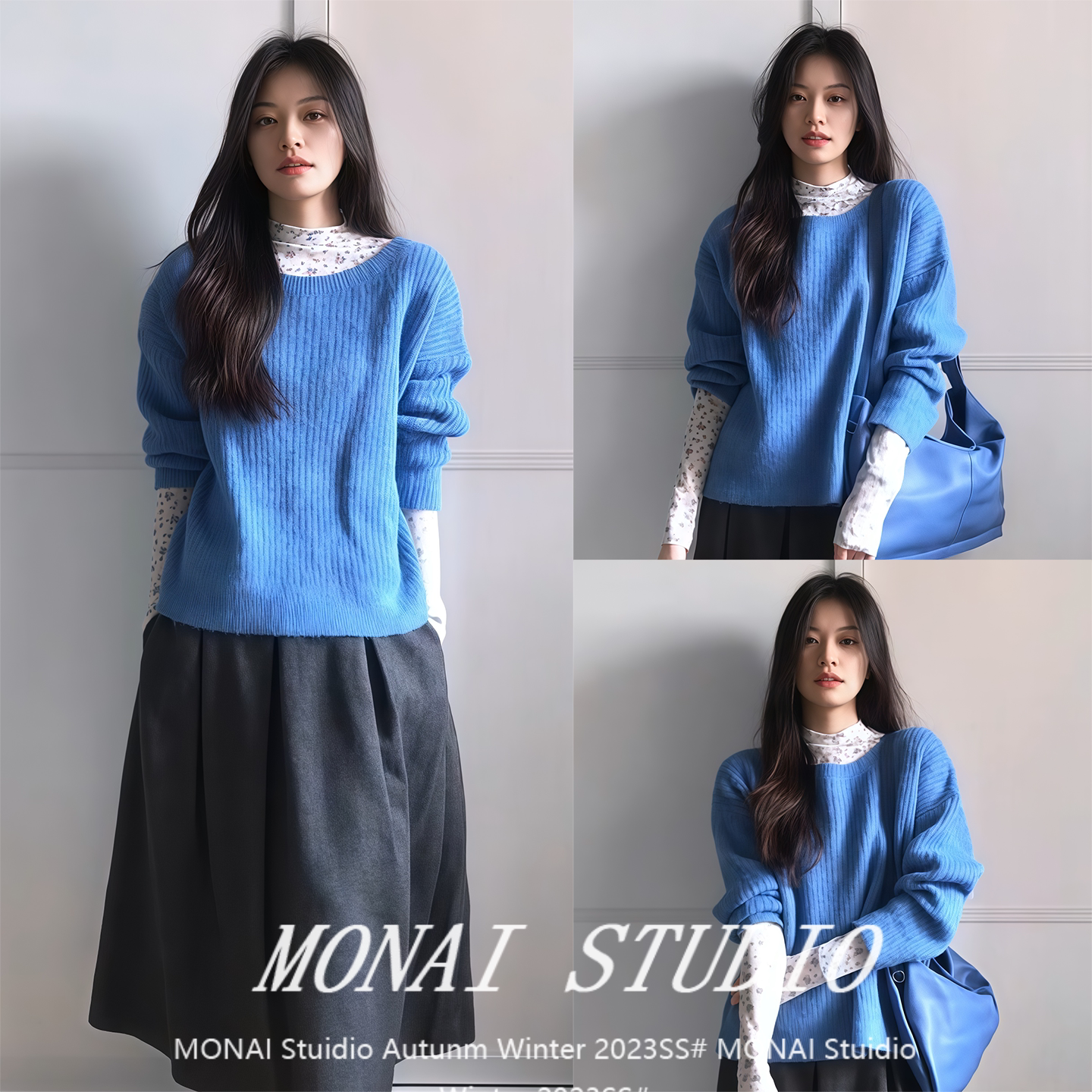 【THEROUS谢不肉~】韩系慵懒两件套减龄碎花打底蓝色毛衣秋冬套装